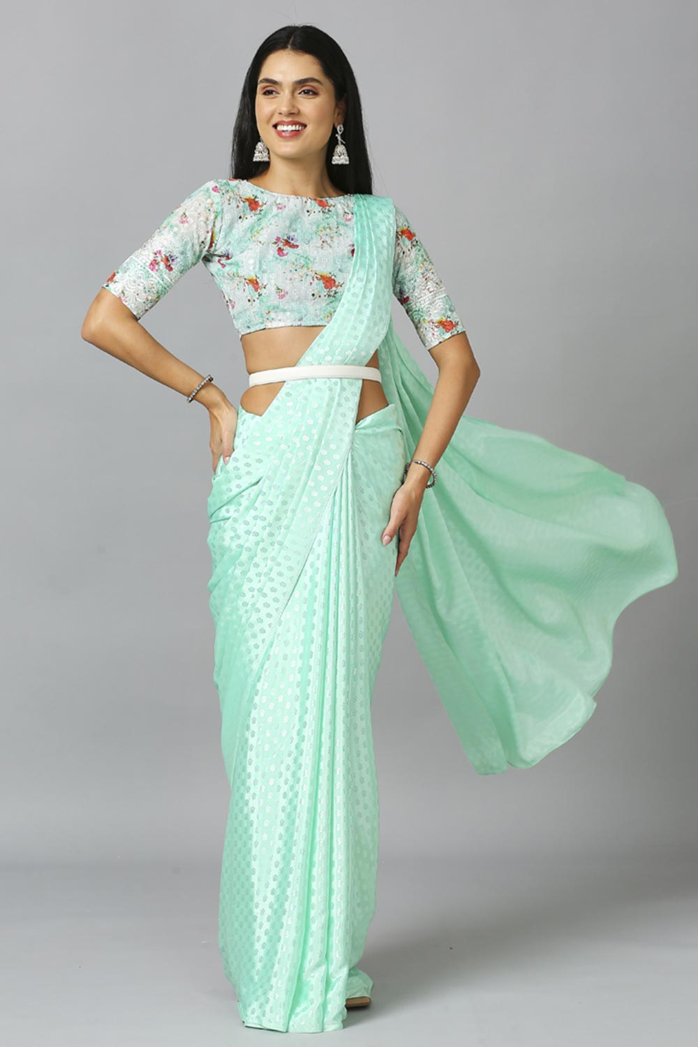 Light Turquoise Chiffon Resham Embroidery Party Wear Designer Saree