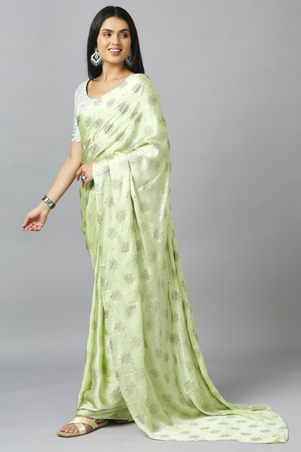 Lime Chiffon Resham Embroidery Party Wear Designer Saree