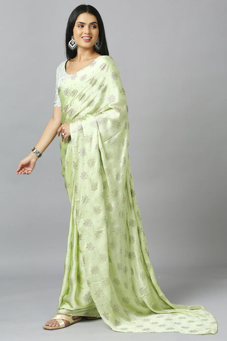 Lime Chiffon Resham Embroidery Party Wear Designer Saree