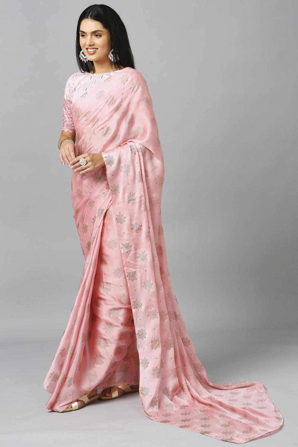 Light Pink Chiffon Resham Embroidery Party Wear Designer Saree