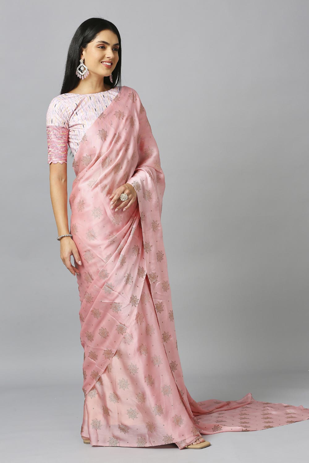 Light Pink Chiffon Resham Embroidery Party Wear Designer Saree