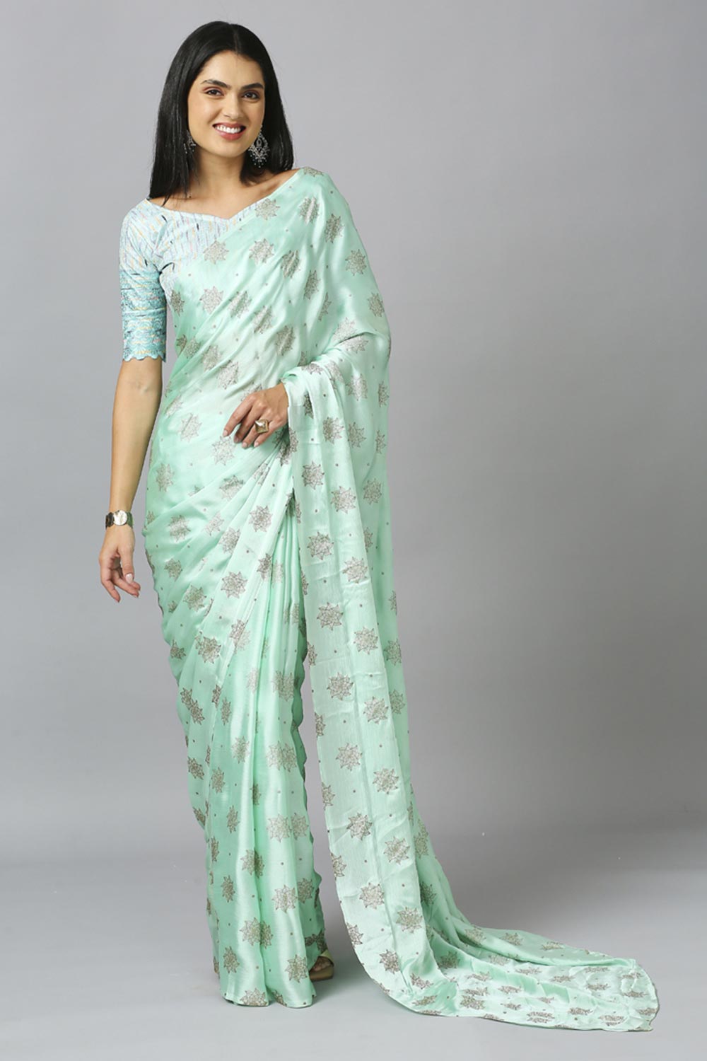 Turquoise Chiffon Resham Embroidery Party Wear Designer Saree