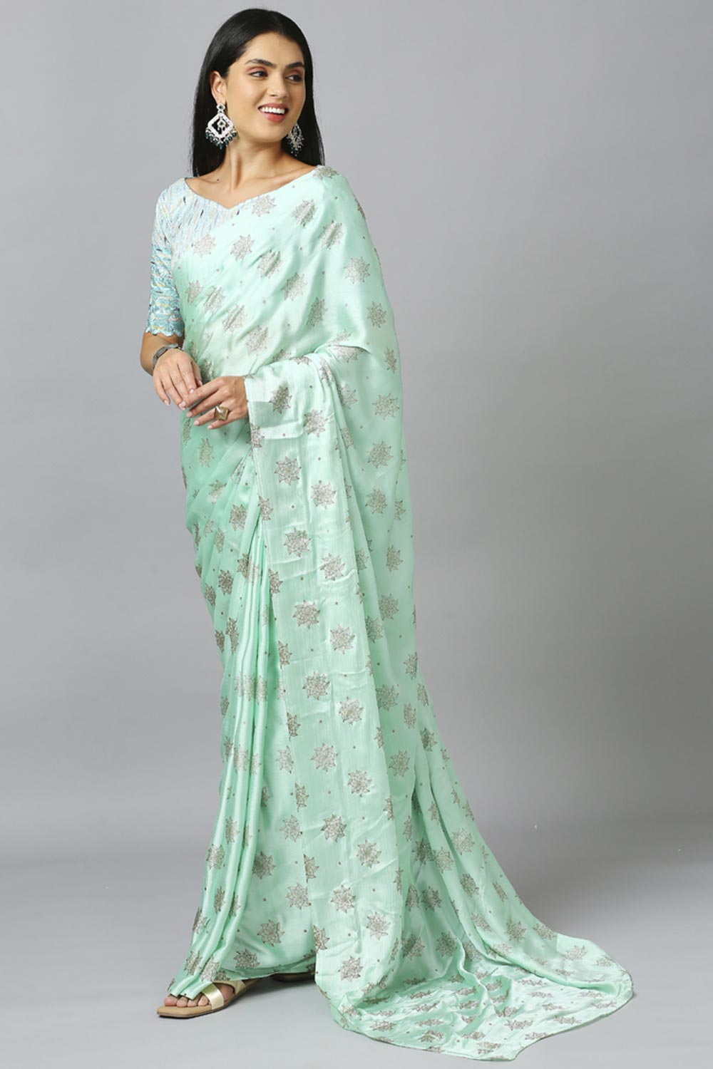 Turquoise Chiffon Resham Embroidery Party Wear Designer Saree