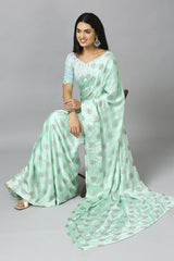 Turquoise Chiffon Resham Embroidery Party Wear Designer Saree