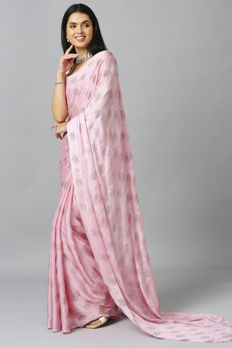 Baby Pink Chiffon Resham Embroidery Party Wear Designer Saree