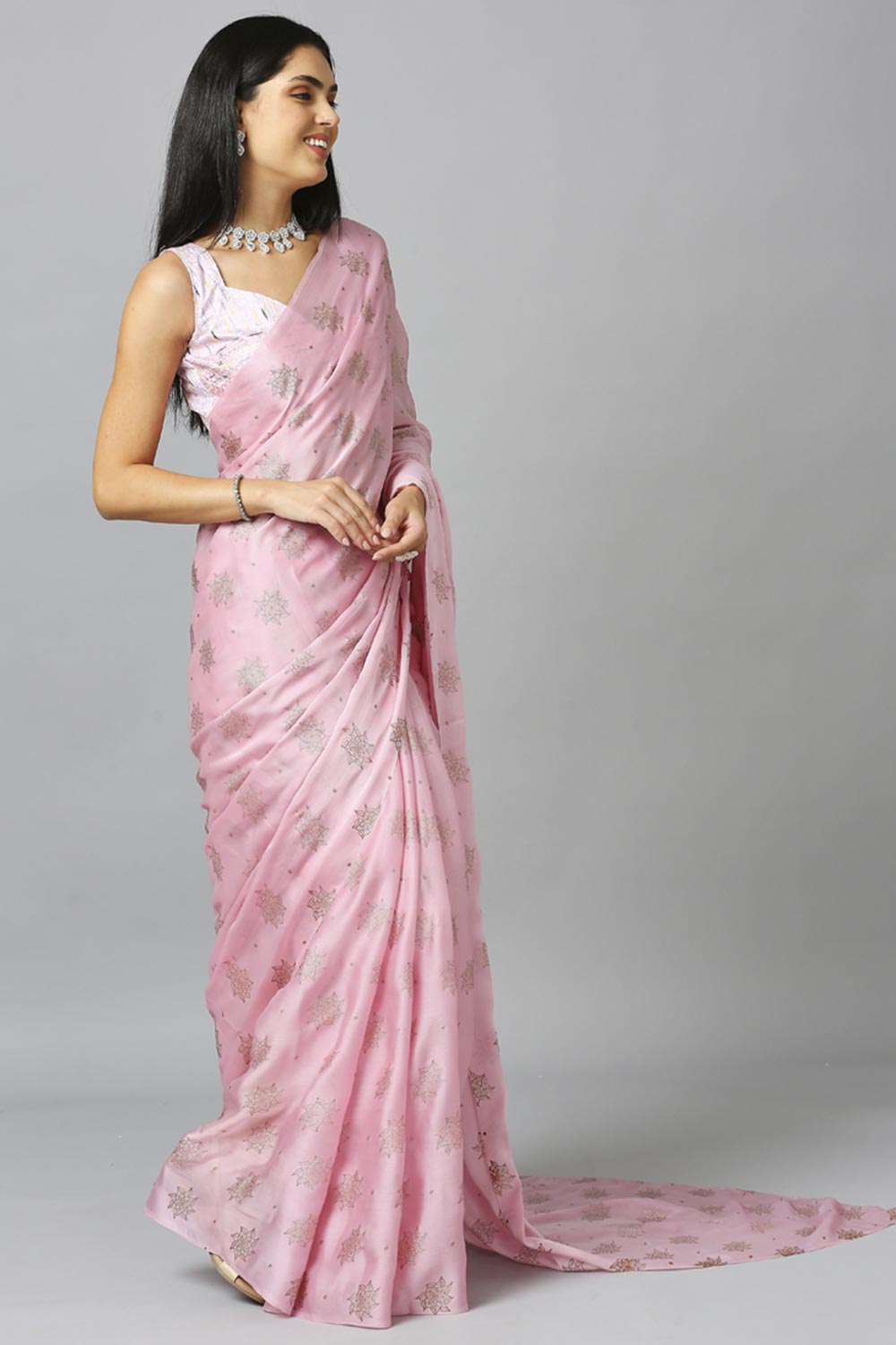 Baby Pink Chiffon Resham Embroidery Party Wear Designer Saree