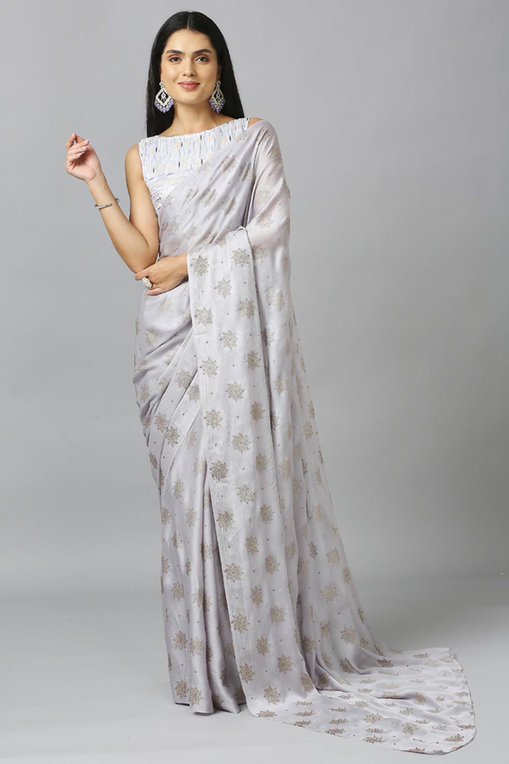 Grey Chiffon Resham Embroidery Party Wear Designer Saree