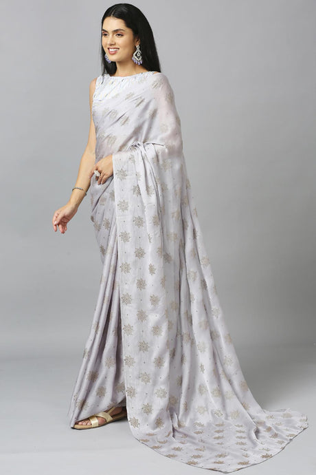 Grey Chiffon Resham Embroidery Party Wear Designer Saree