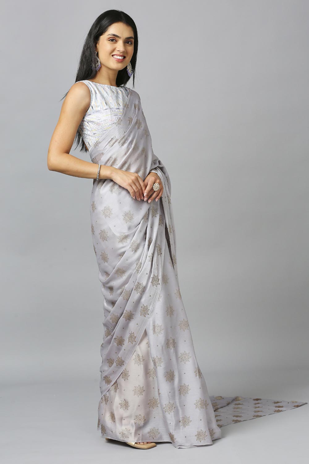 Grey Chiffon Resham Embroidery Party Wear Designer Saree