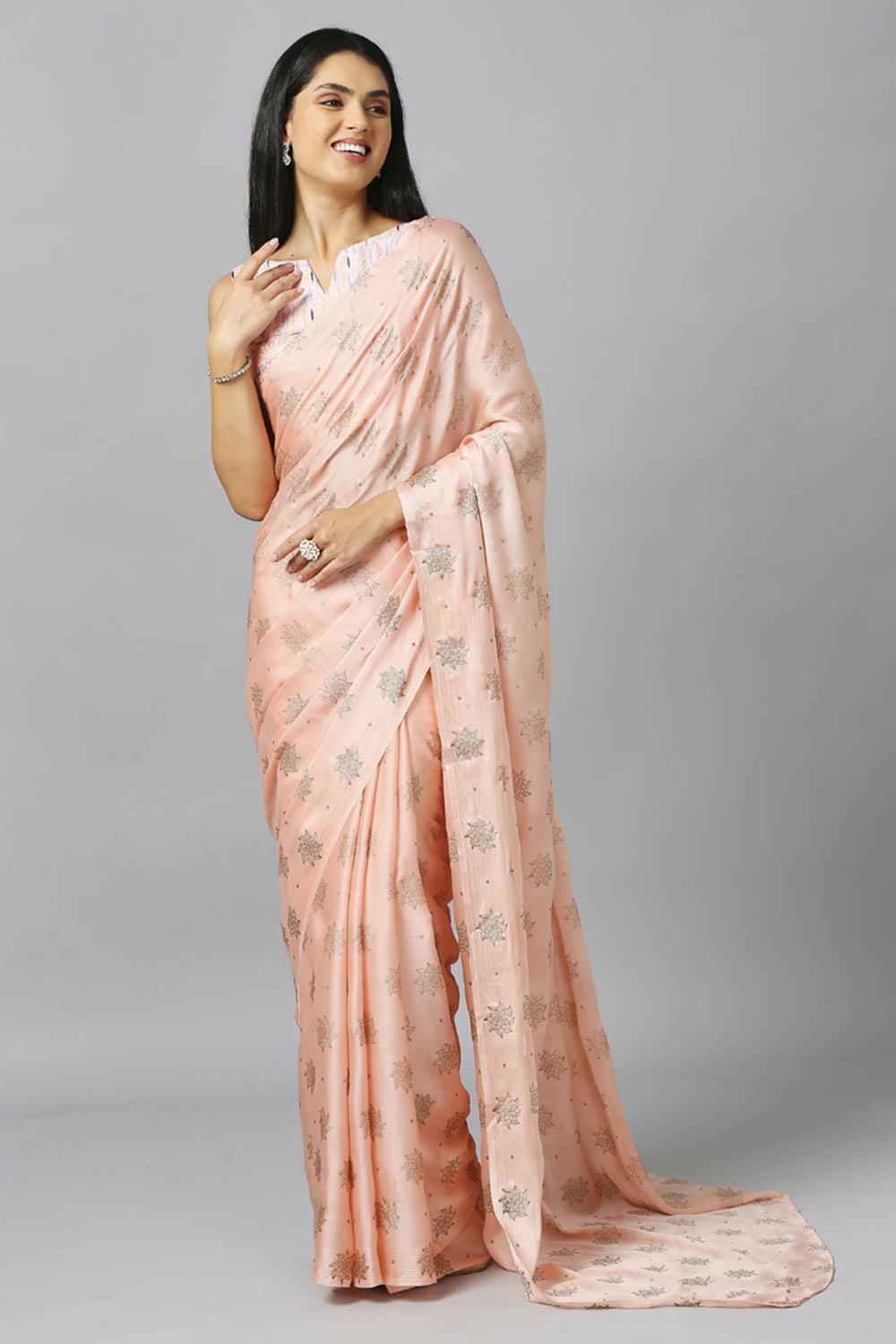 Light Peach Chiffon Resham Embroidery Party Wear Designer Saree