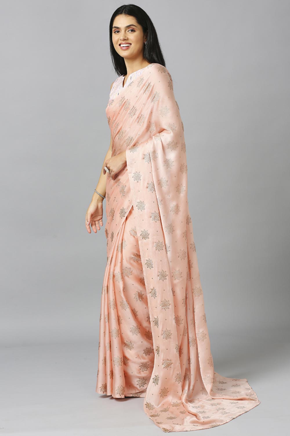 Light Peach Chiffon Resham Embroidery Party Wear Designer Saree