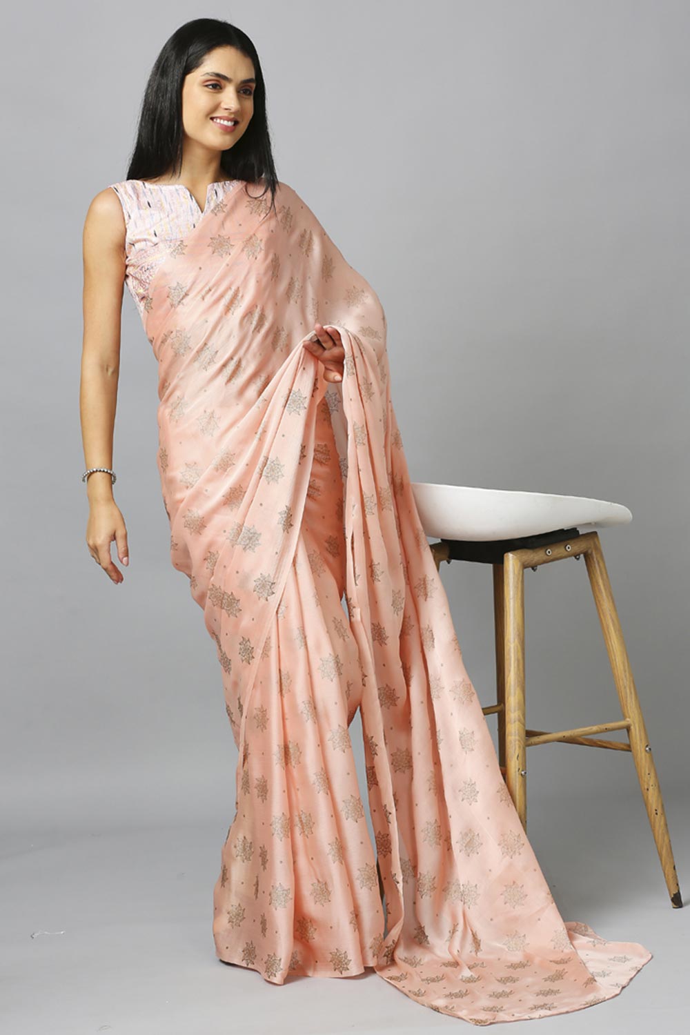 Light Peach Chiffon Resham Embroidery Party Wear Designer Saree