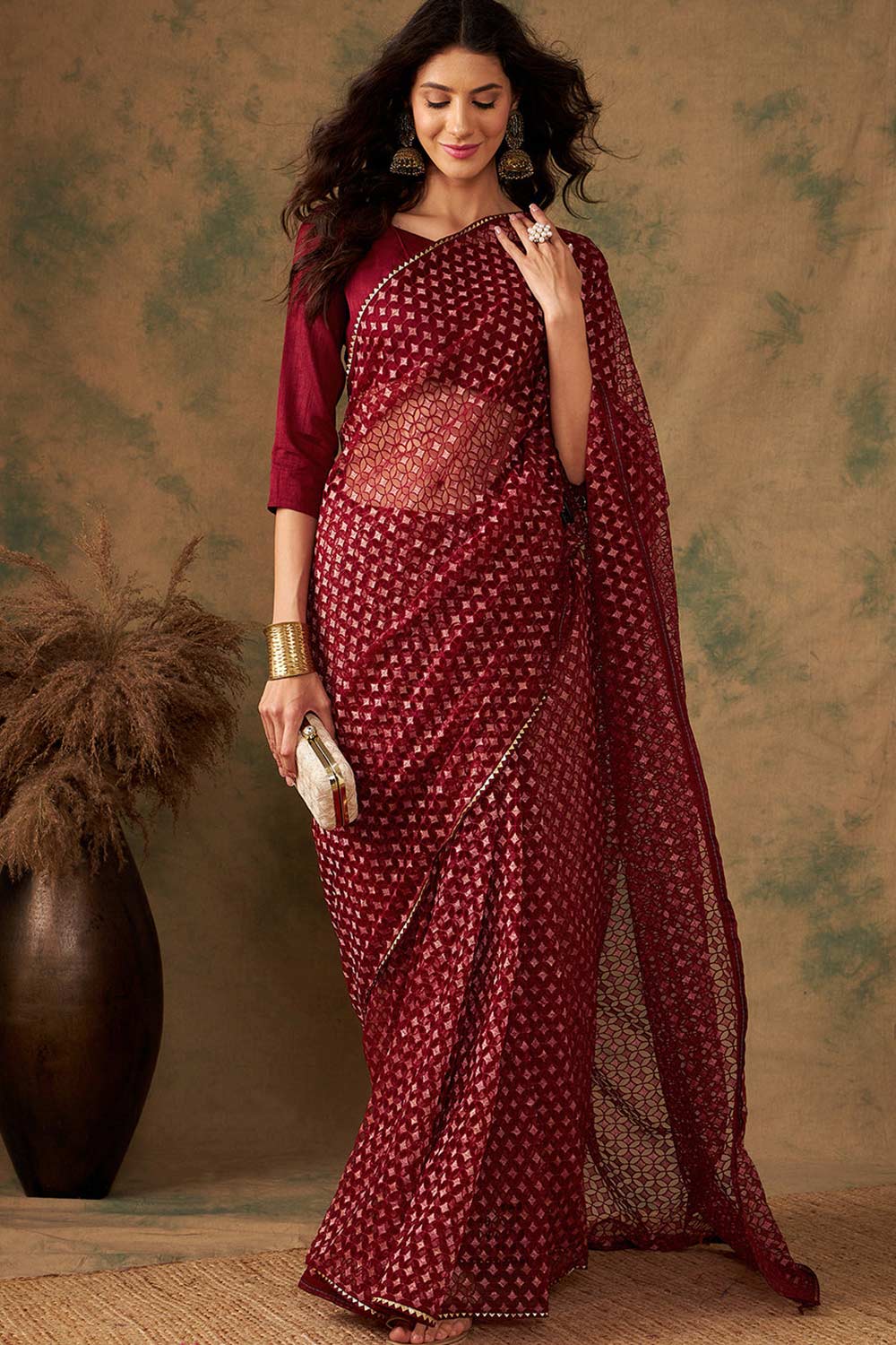 Red Net Zari  Saree