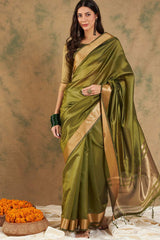 Green Organic Cotton Zari  Saree