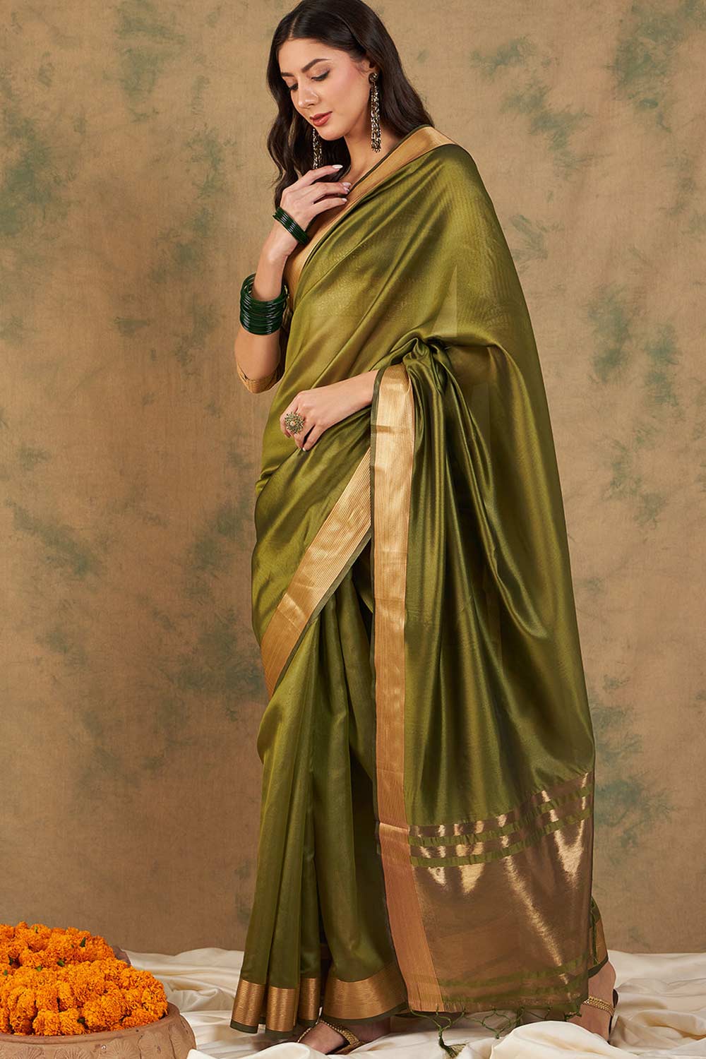 Green Organic Cotton Zari  Saree