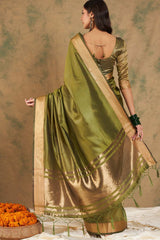 Green Organic Cotton Zari  Saree