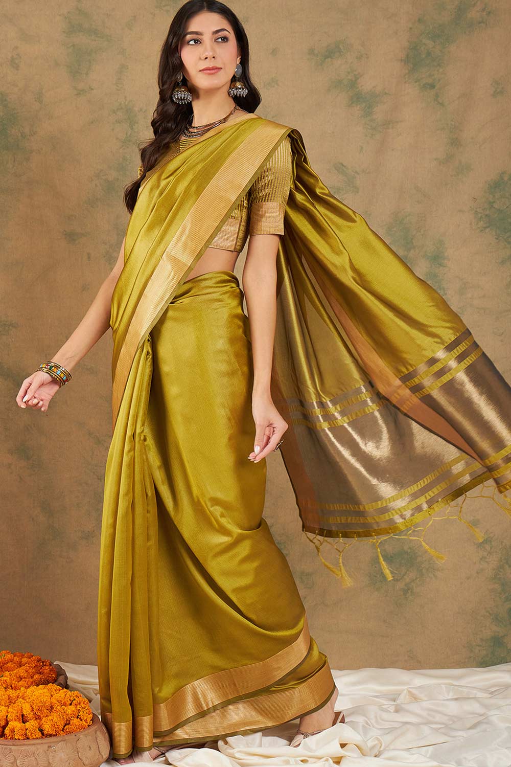 Yellow Organic Cotton Zari  Saree