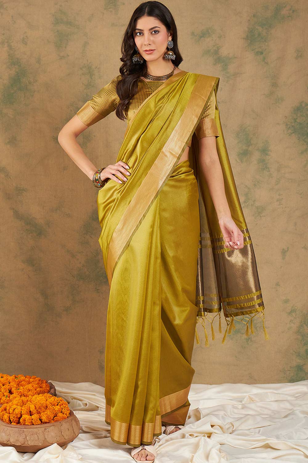 Yellow Organic Cotton Zari  Saree