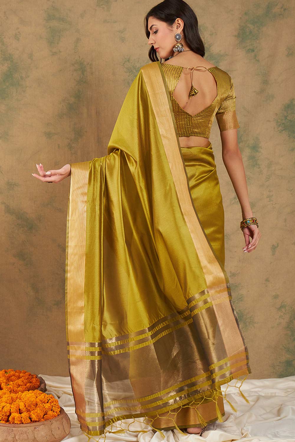 Yellow Organic Cotton Zari  Saree