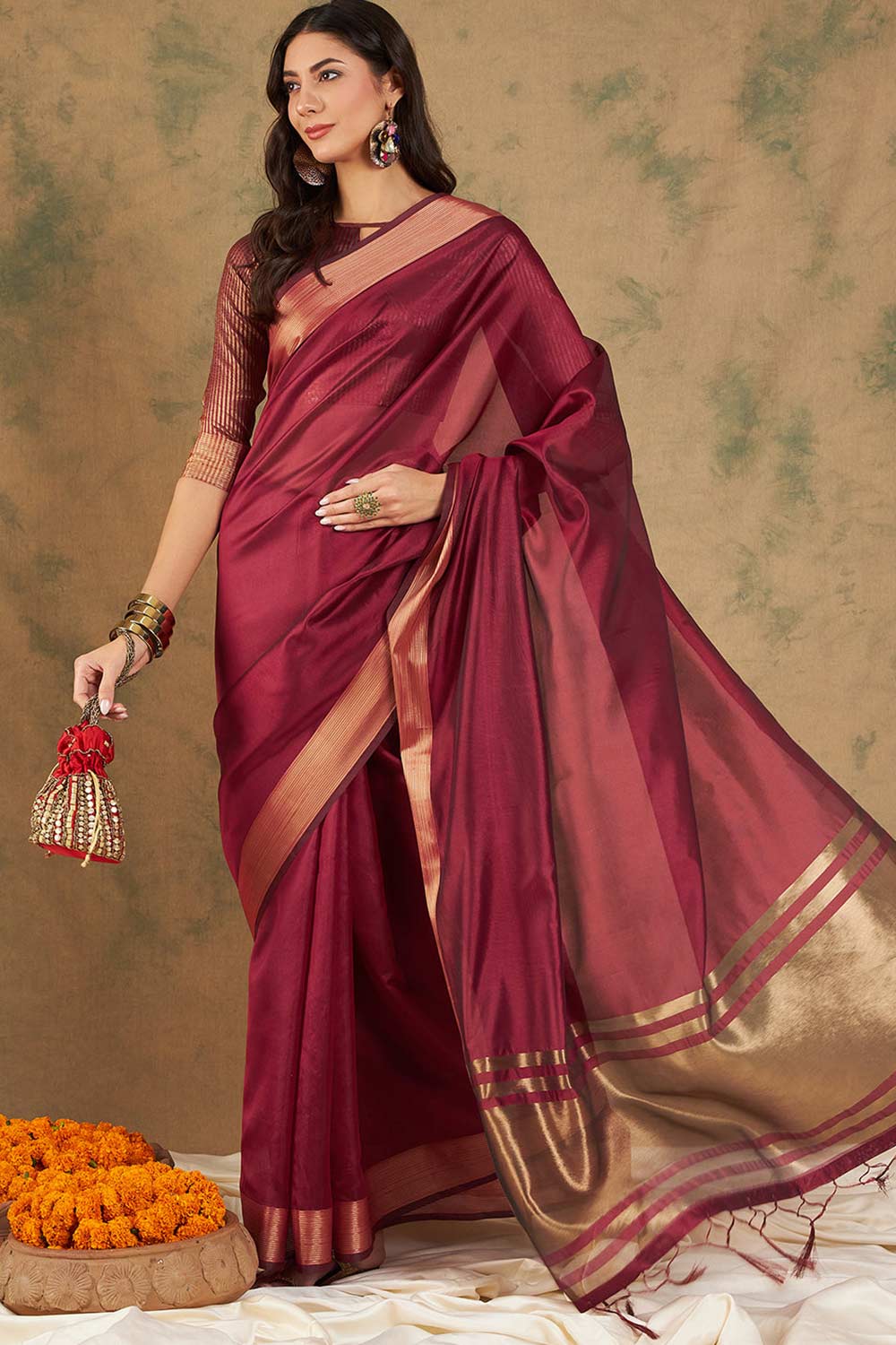 Red Organic Cotton Zari  Saree