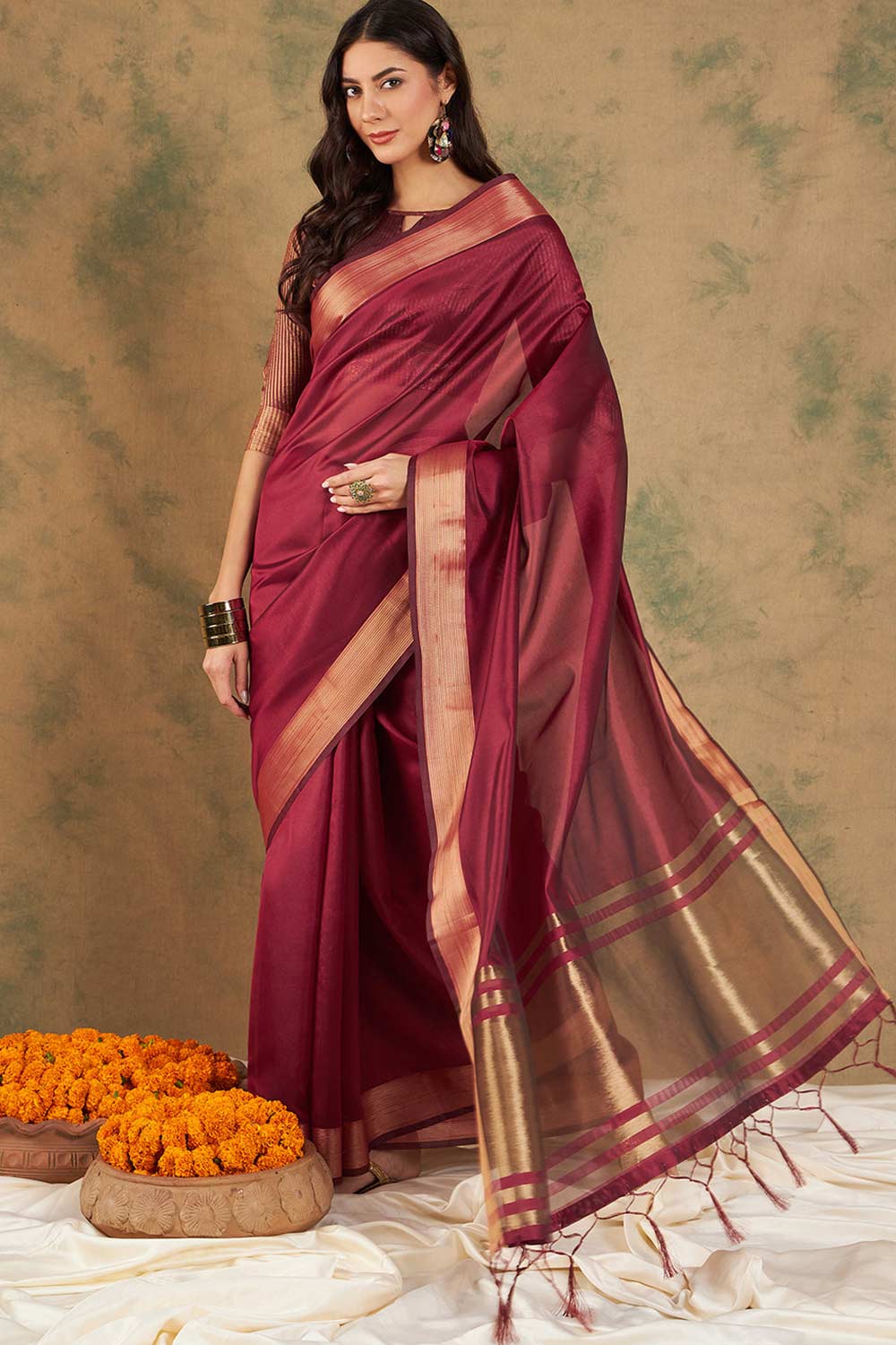 Red Organic Cotton Zari  Saree