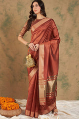 Orange Organic Cotton Zari  Saree