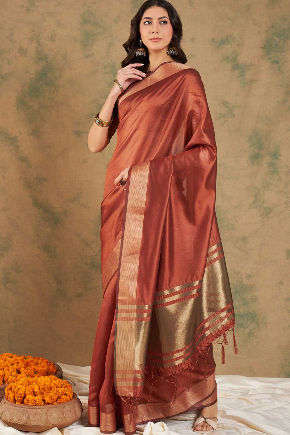 Orange Organic Cotton Zari  Saree