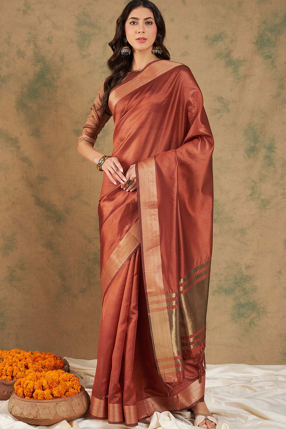 Orange Organic Cotton Zari  Saree