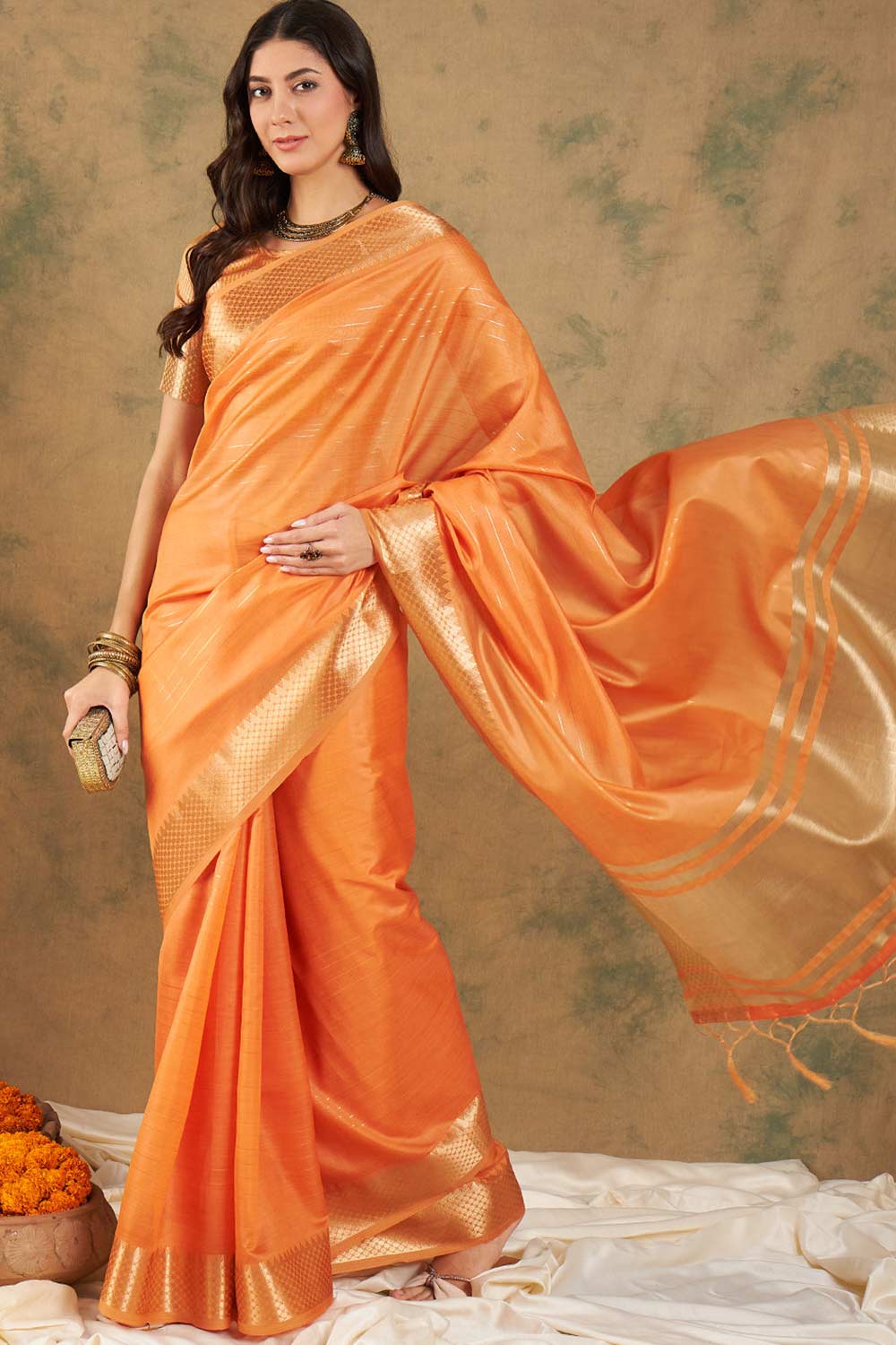 Orange Organic Cotton Zari  Saree