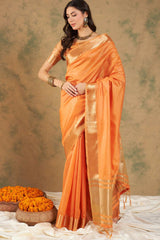 Orange Organic Cotton Zari  Saree