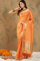 Orange Organic Cotton Zari  Saree