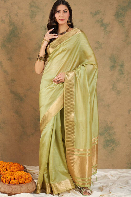 Green Organic Cotton Zari  Saree