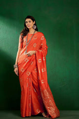 Orange Cotton Foil Print Saree