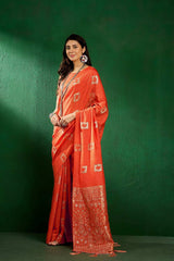 Orange Cotton Foil Print Saree