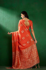 Orange Cotton Foil Print Saree