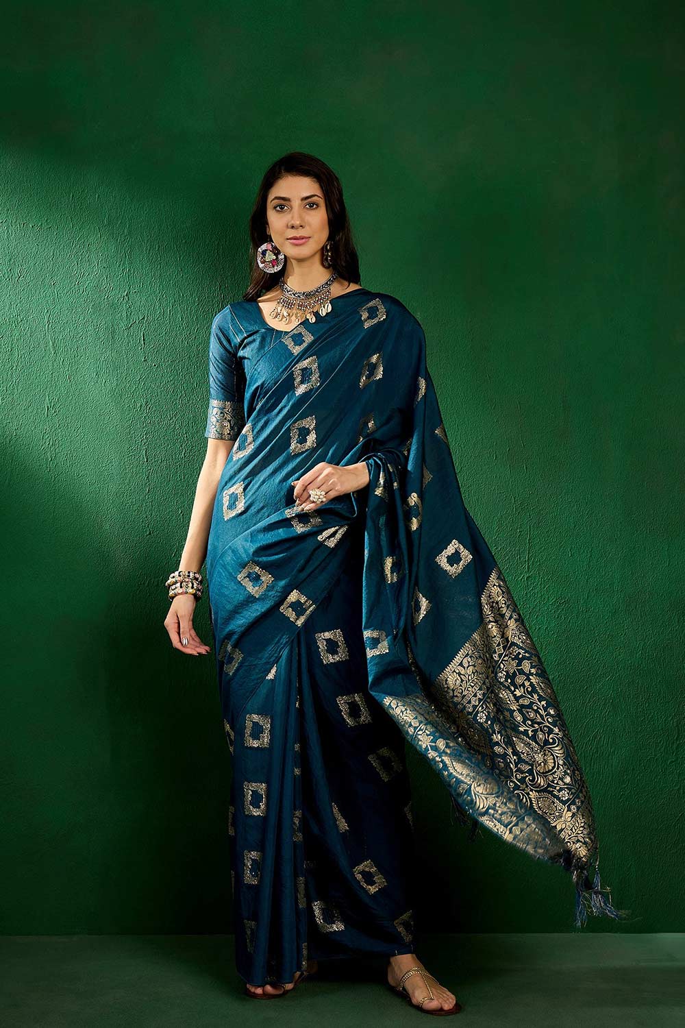 Blue Cotton Foil Print Saree