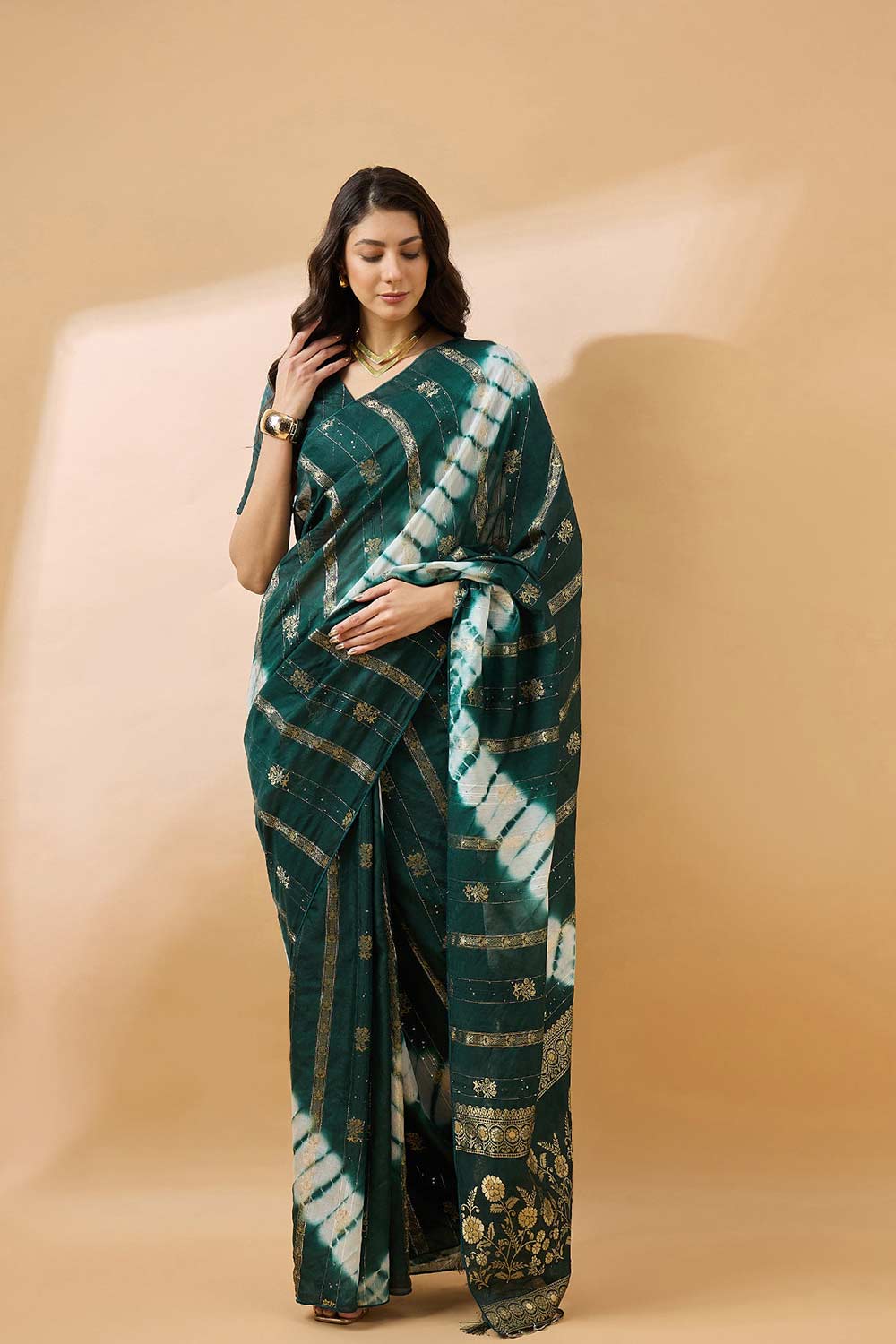 Green Cotton Foil Print Saree