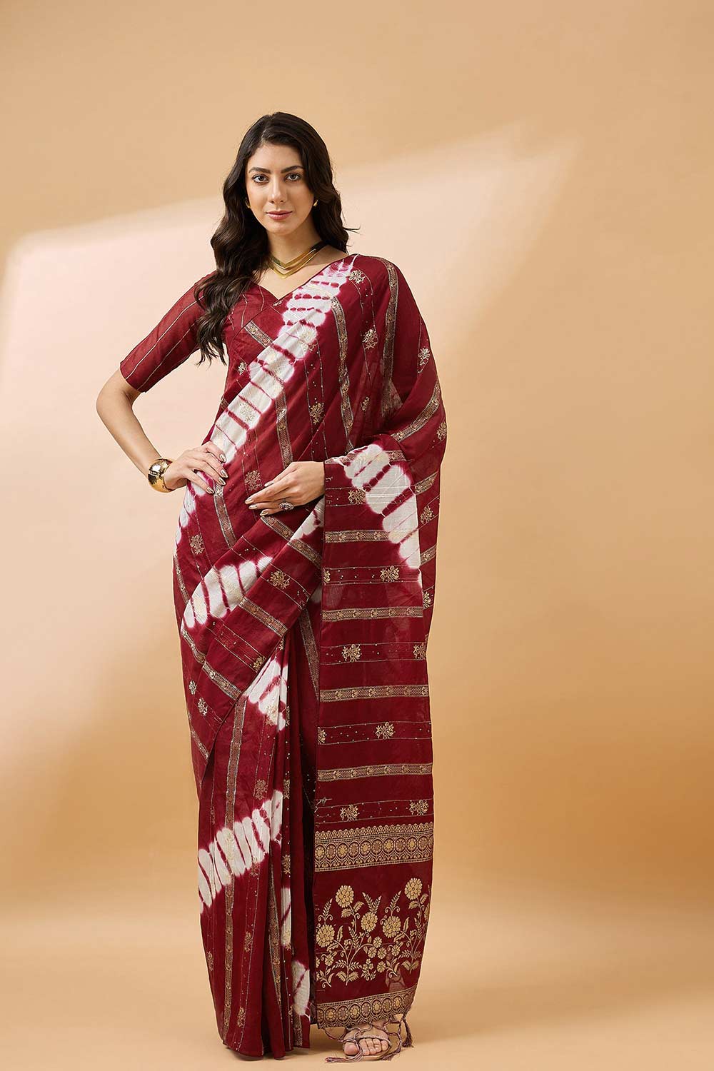 Red Cotton Foil Print Saree