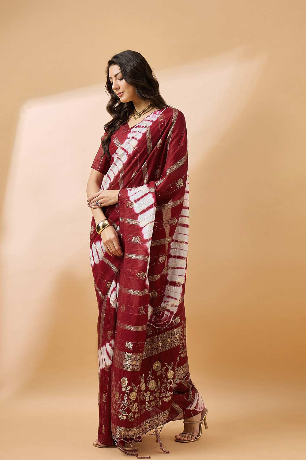 Red Cotton Foil Print Saree