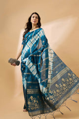 Blue Cotton Foil Print Saree