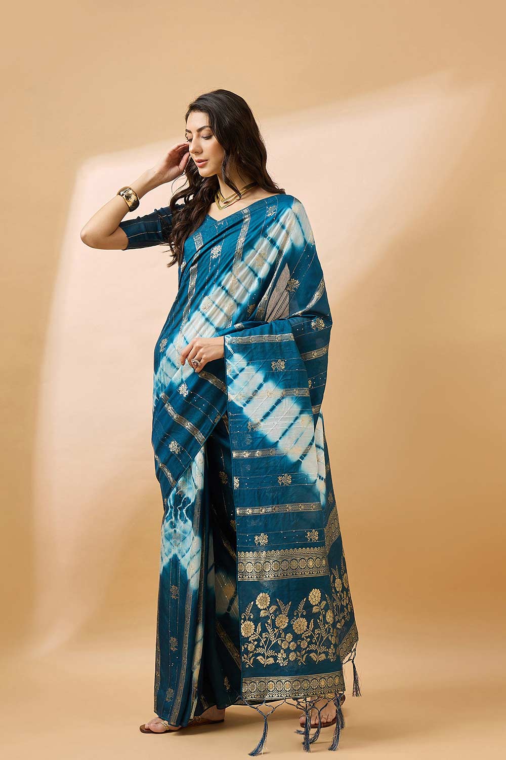 Blue Cotton Foil Print Saree