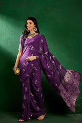 Purple Cotton Blend Foil Print Saree