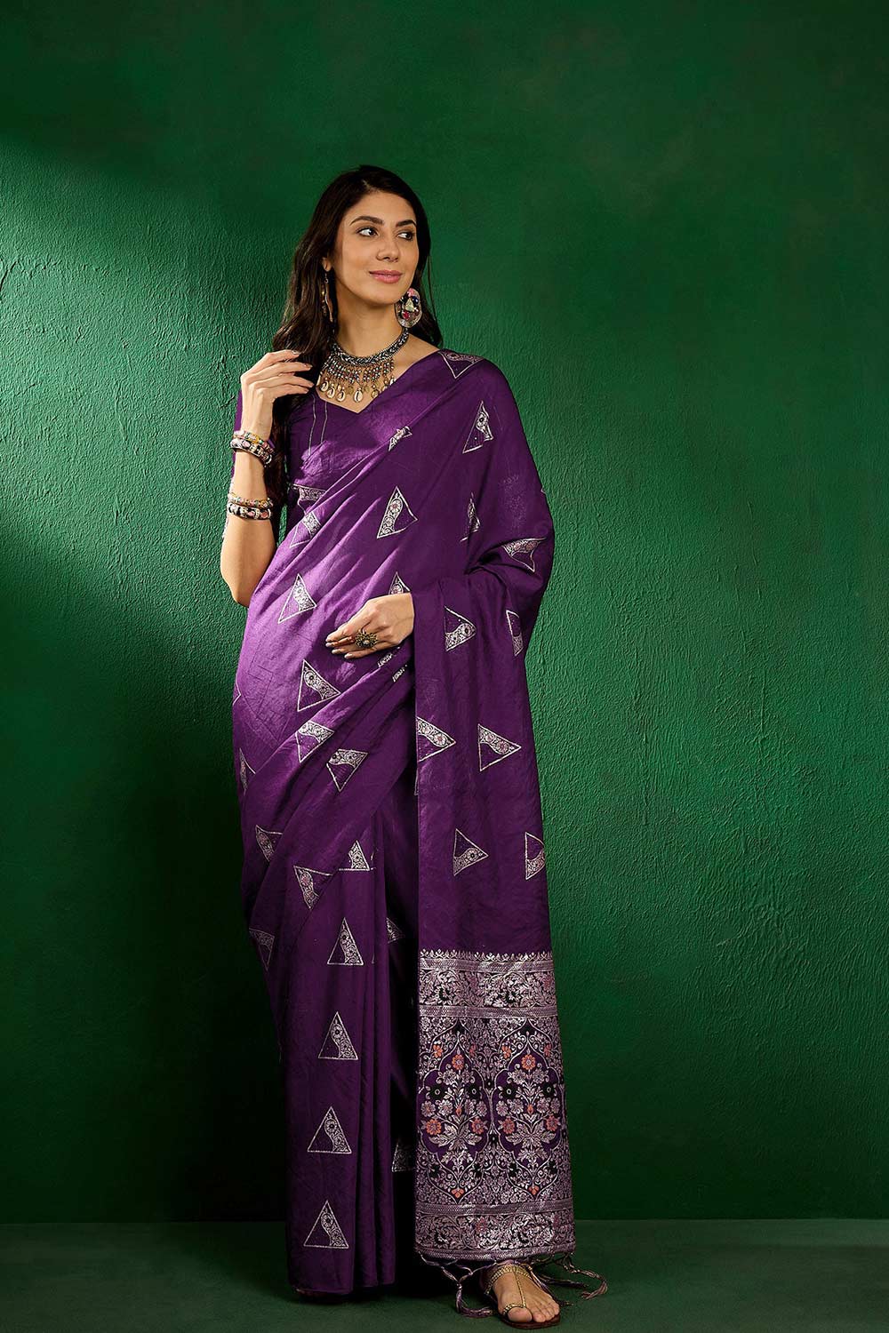 Purple Cotton Blend Foil Print Saree