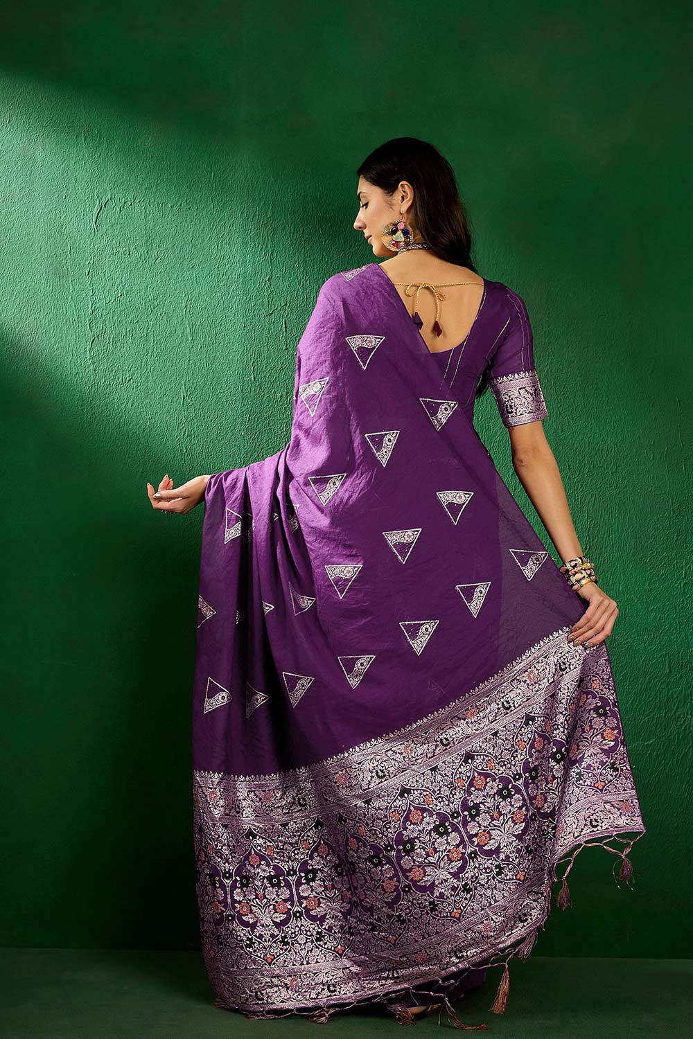 Purple Cotton Blend Foil Print Saree