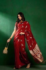 Red Cotton Blend Foil Print Saree