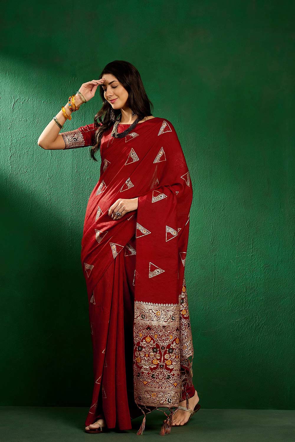 Red Cotton Blend Foil Print Saree