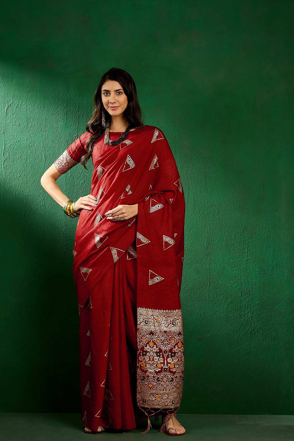 Red Cotton Blend Foil Print Saree