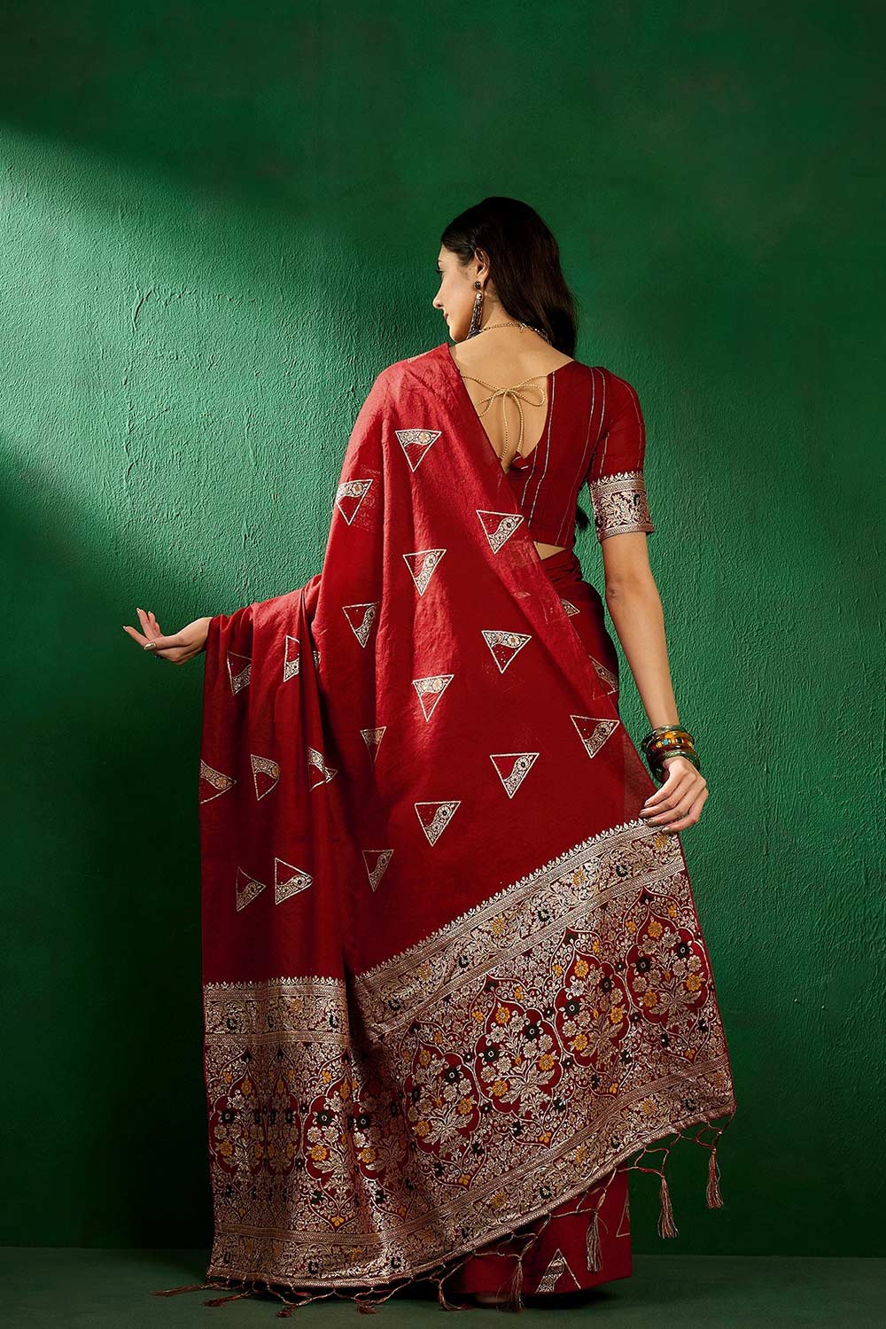 Red Cotton Blend Foil Print Saree