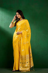 Yellow Cotton Blend Foil Print Saree