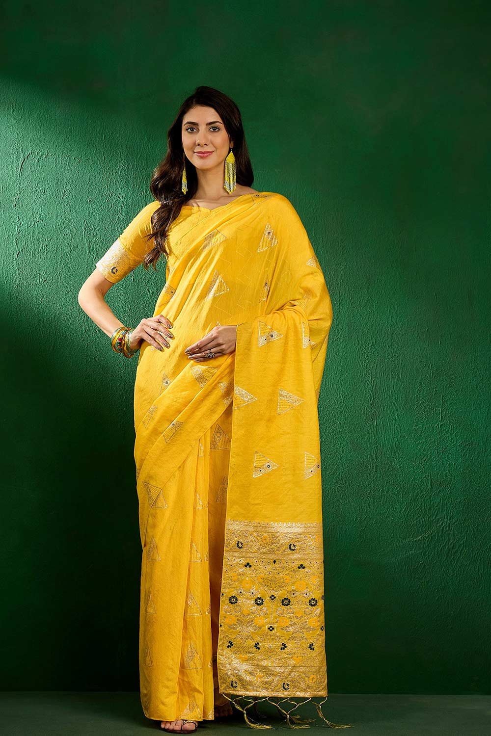 Yellow Cotton Blend Foil Print Saree